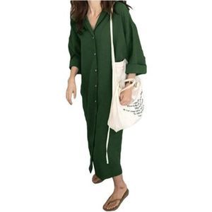 Button Down Blouse Maxi Dress Green
